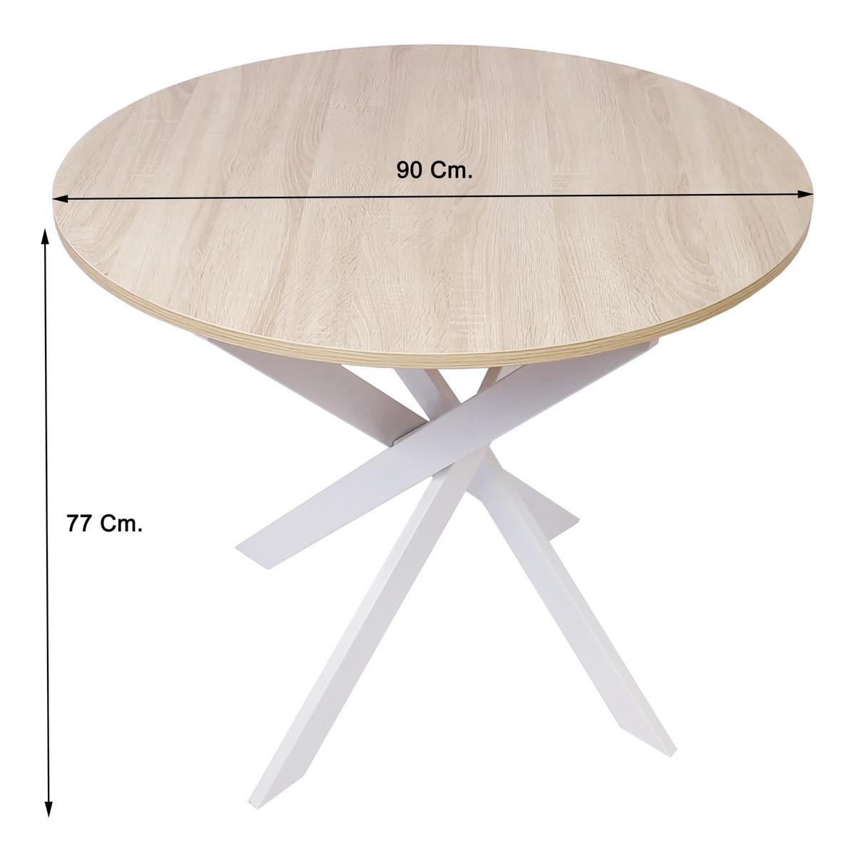 ESSTISCH Rund eiche, Beine aus Metall weiß lackiert, 90/90/77cm - Eichefarben/Weiß, Holzwerkstoff (90/90/77cm) - Skraut Home