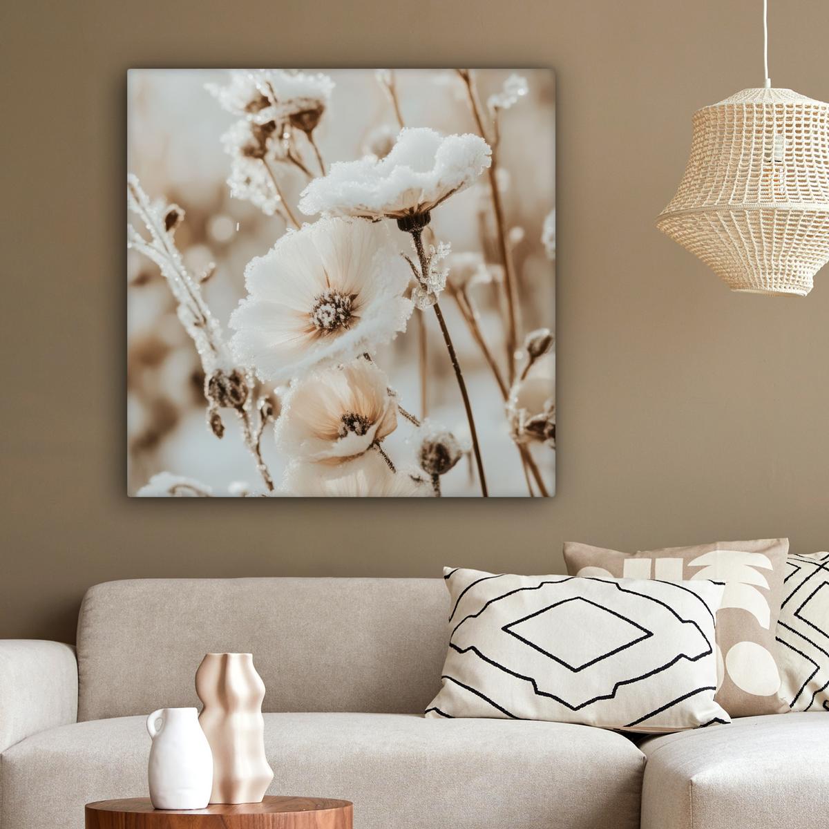 LEINWANDBILD Blumen - Winter - Weiß - Schnee - Beige Deko Groß 90x90 cm - Creme, Textil (90/90cm) - MuchoWow
