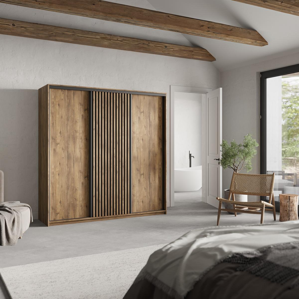 SCHWEBETÜRENSCHRANK VONTE 180/205/60 cm 3-türig mit Lamellen Eiche Lefkas - Eichefarben/Schwarz, Holzwerkstoff (180/205/60cm) - MASSENO
