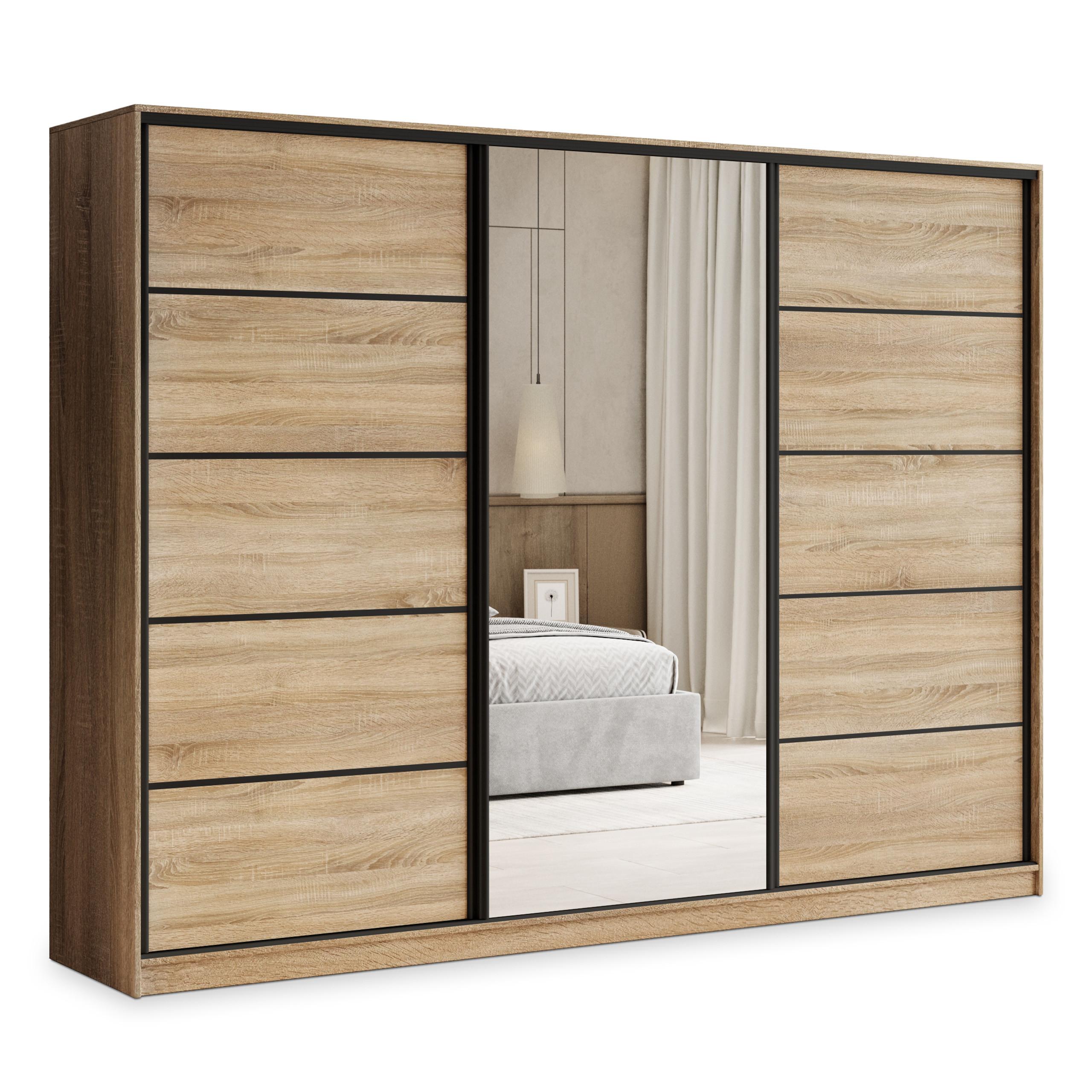 SCHWEBETÜRENSCHRANK PINA 235/205/58 cm 3-türig mit Spiegel und Schubladen Sonoma Eiche - Schwarz/Sonoma Eiche, Holzwerkstoff (235/205/58cm) - MASSENO