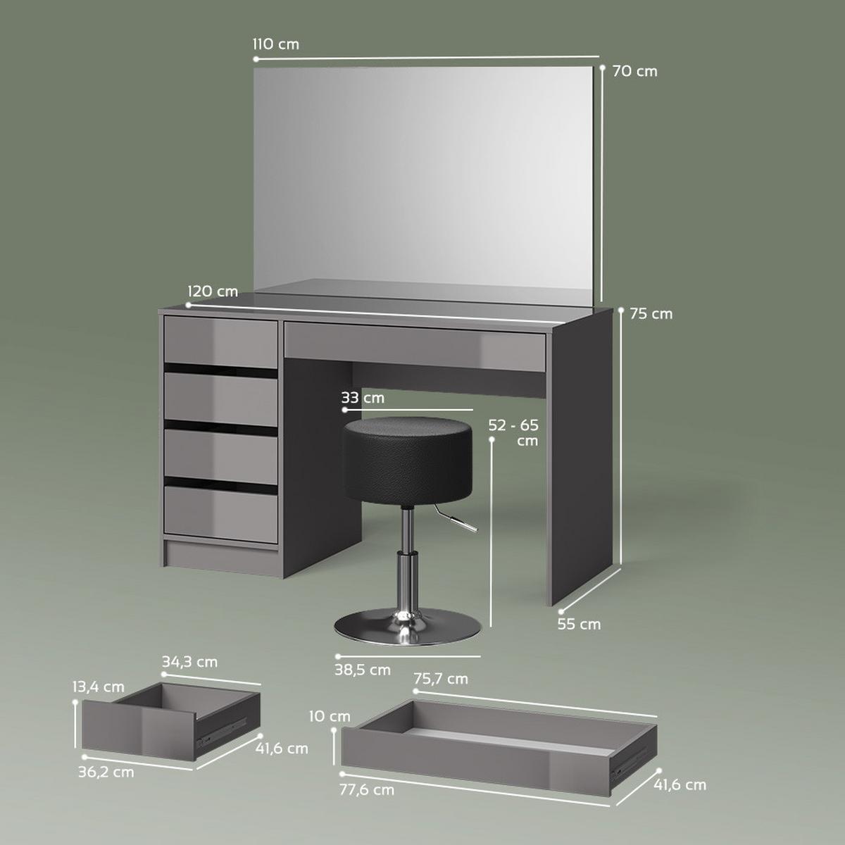 SCHMINKTISCH-SET Imola Grau 120 cm mit Hocker - Grau, Holzwerkstoff (120/75/55cm) - Livinity®