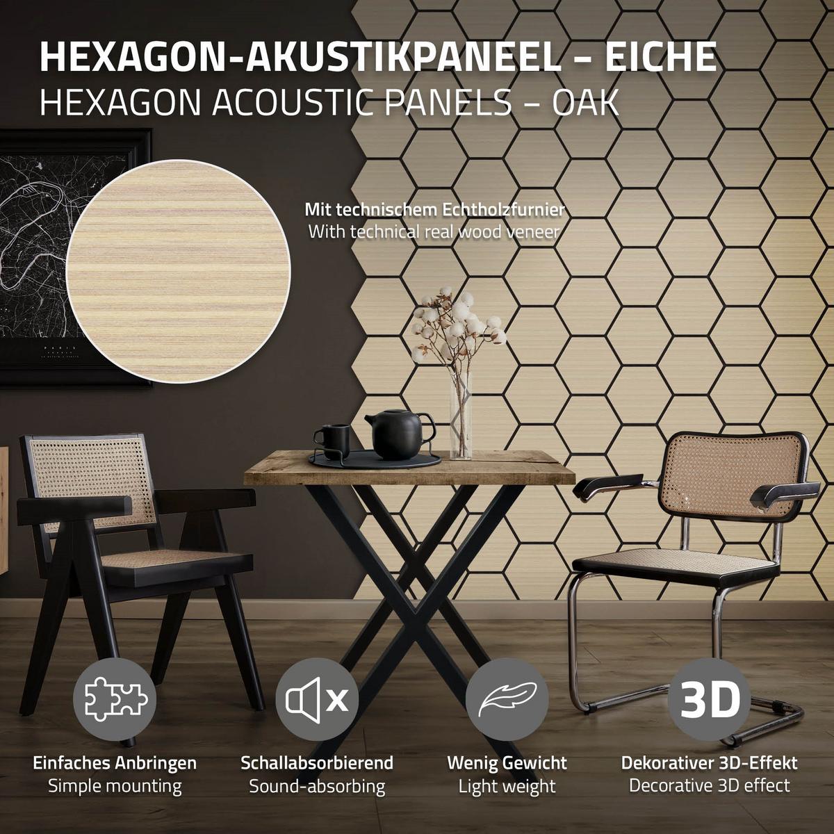 AKUSTIKPANEEL 2er Set Schallschutzplatten Hexagon Eiche Holzoptik 66x81x2 cm aus Filz - Hellbraun, Holzwerkstoff (2.1/81.1/66.6cm) - ML-DESIGN