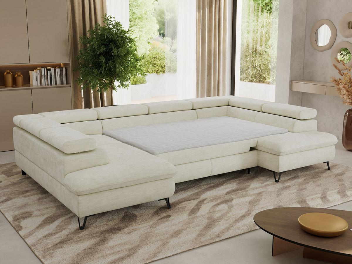WOHNLANDSCHAFT PABLO U Schenille glatt Creme mit Topper T25 - Creme/Schwarz, Textil/Metall (346/76/208cm) - MKS