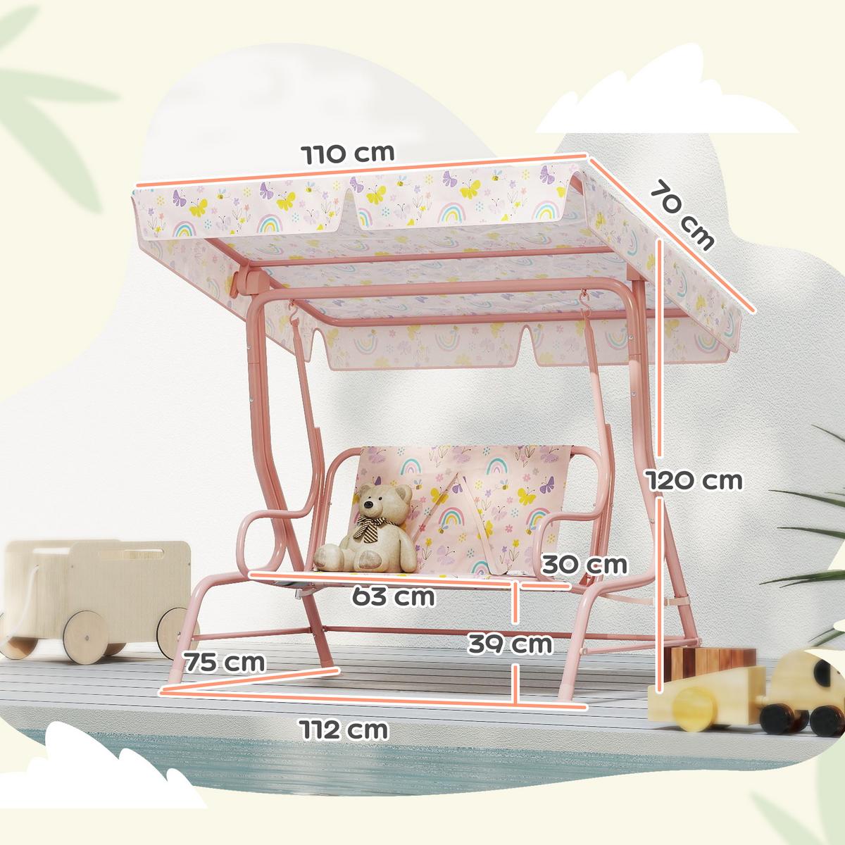 KINDER Hollywoodschaukel 2-Sitzer Kinderschaukel mit verstellbarem Sonnendach - Rosa, Metall (75/120/112cm) - AIYAPLAY