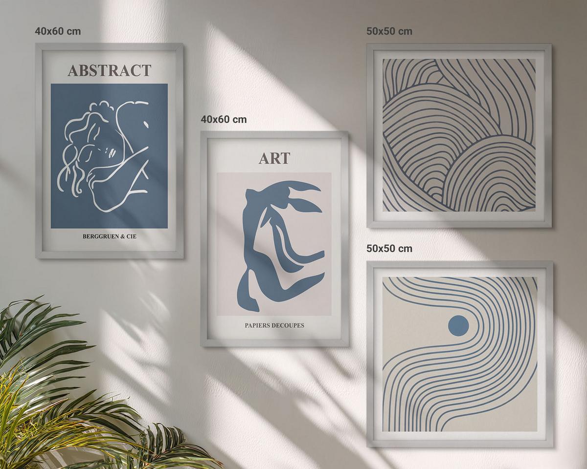 BILDER SET 4er Set - 50x50 cm & 40x60 cm Silberner Rahmen - Poster mit abstrakten Linien und Wellen - Silberfarben, Kunststoff (50/50cm) - TULUP