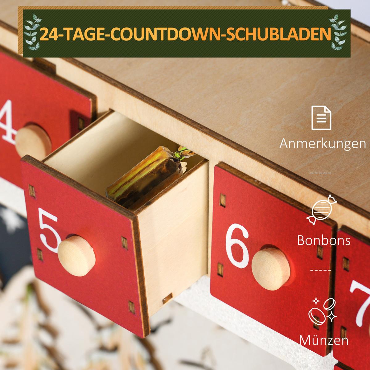ADVENTSKALENDER Weihnachtskalender 24 Schubladen mit LED-Lichtern MDF Rot - Rot, Holzwerkstoff (7/34/34cm) - HOMCOM