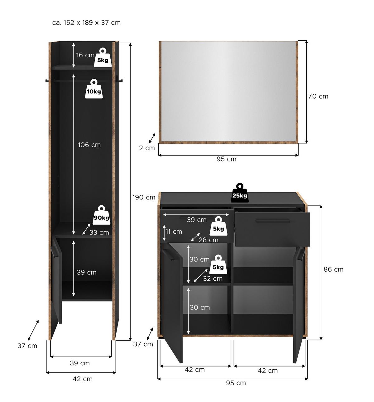 GARDEROBE-SET grau und Nox Eiche, Garderobenkombination 3-teilig, 152 x 189 cm, Salud - Dunkelgrau/Eichefarben, Holzwerkstoff/Kunststoff (152/189/37cm) - Inn.Furn