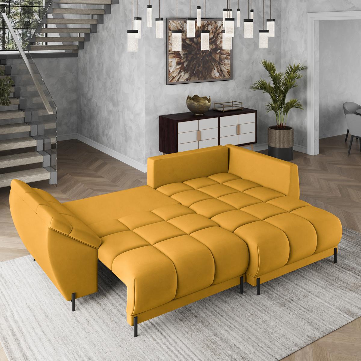 ECKSOFA VESTANO R-S Gelb Velours-Stoff mit Schlaffunktion - Gelb, Holz (287/182cm) - MASSENO