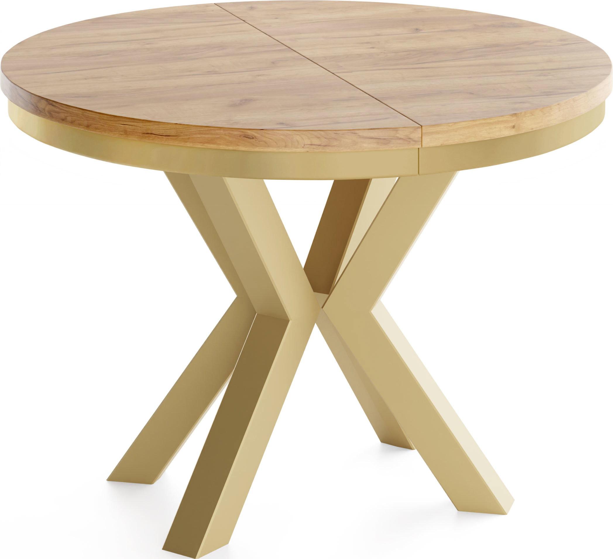 ESSTISCH Clara Gold runder ausziehbarer, Craft Eiche 120-200/120/76 cm - Eiche Wotan/Goldfarben, Holzwerkstoff/Metall (120/196/76cm) - WFL GROUP