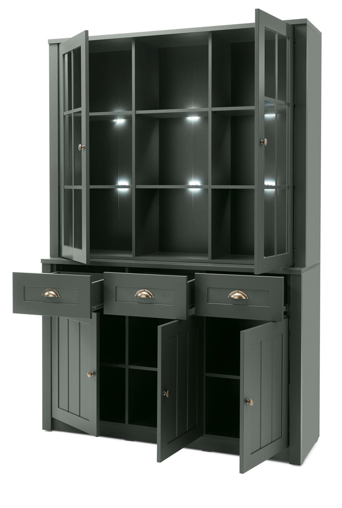 BUFFETSCHRANK grün 130 x 196 cm, Buffet im Landhaus-Stil mit viel Stauraum - Chromfarben/Schwarz, Glas/Holzwerkstoff (130/196/43cm) - Furn.Design