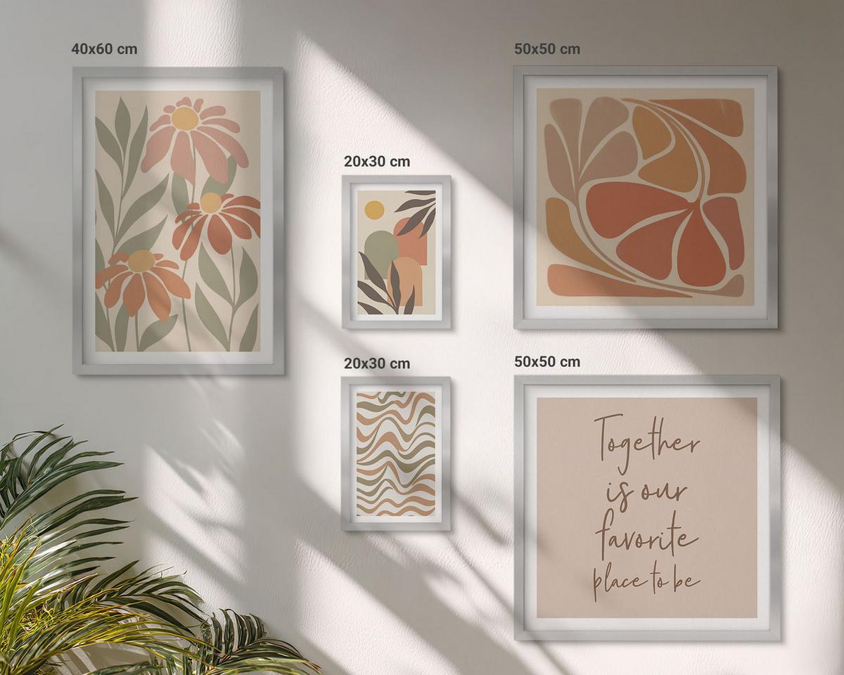 BILDER SET 5er Set - 50x50 cm & 20x30 cm & 40x60 cm Silberner Rahmen - Abstrakte Pastellblumen - Silberfarben, Kunststoff (40/60cm) - TULUP