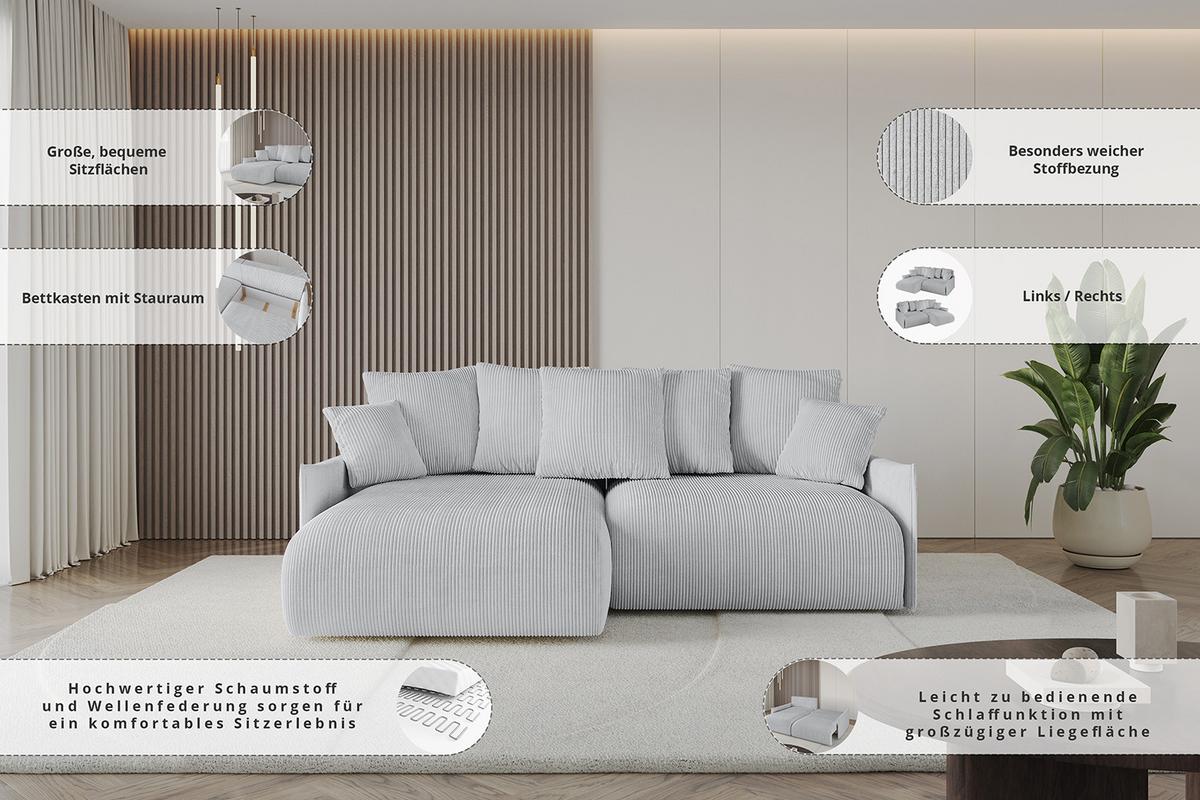 ECKSOFA Ottomane links ONESK-L -v1 216x177x72 Grau Bouclé - Platinfarben, Holzwerkstoff/Kunststoff (216/177cm) - ALTDECOR