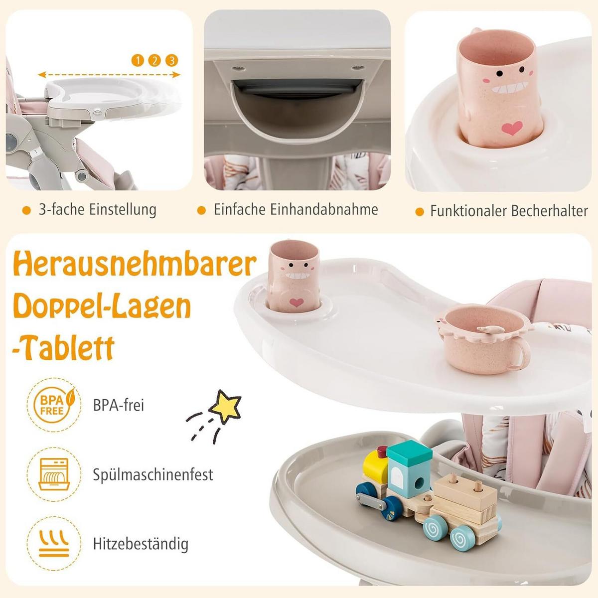KINDERHOCHSTUHL Höhenverstellbar rosa - Pink, Kunststoff (102/92/55cm) - COSTWAY