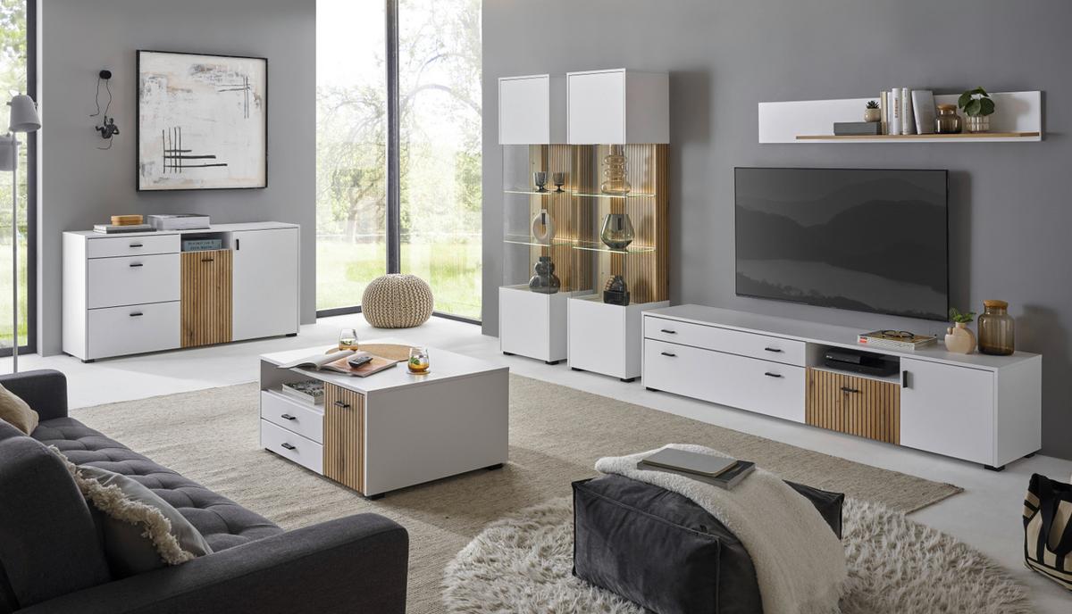 VITRINE weiß matt, Eiche 48 x 180 cm, Glasvitrine mit 5 Fächern und Soft-Close - Eichefarben/Schwarz, Glas/Holzwerkstoff (48/180/38cm) - Furn.Design