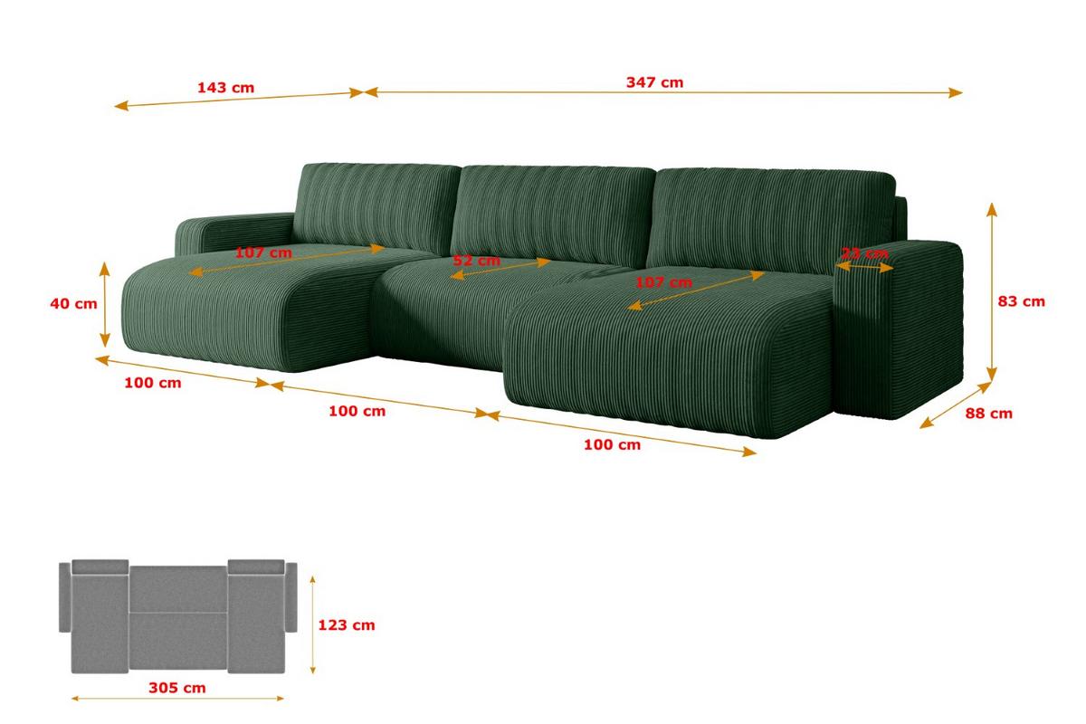 WOHNLANDSCHAFT mit Schlaffunktion und Bettkasten KLEEA-U - 347x143x83 cm Grün Cord - Schwarz/Grün, Holzwerkstoff/Kunststoff (347/83/143cm) - ALTDECOR