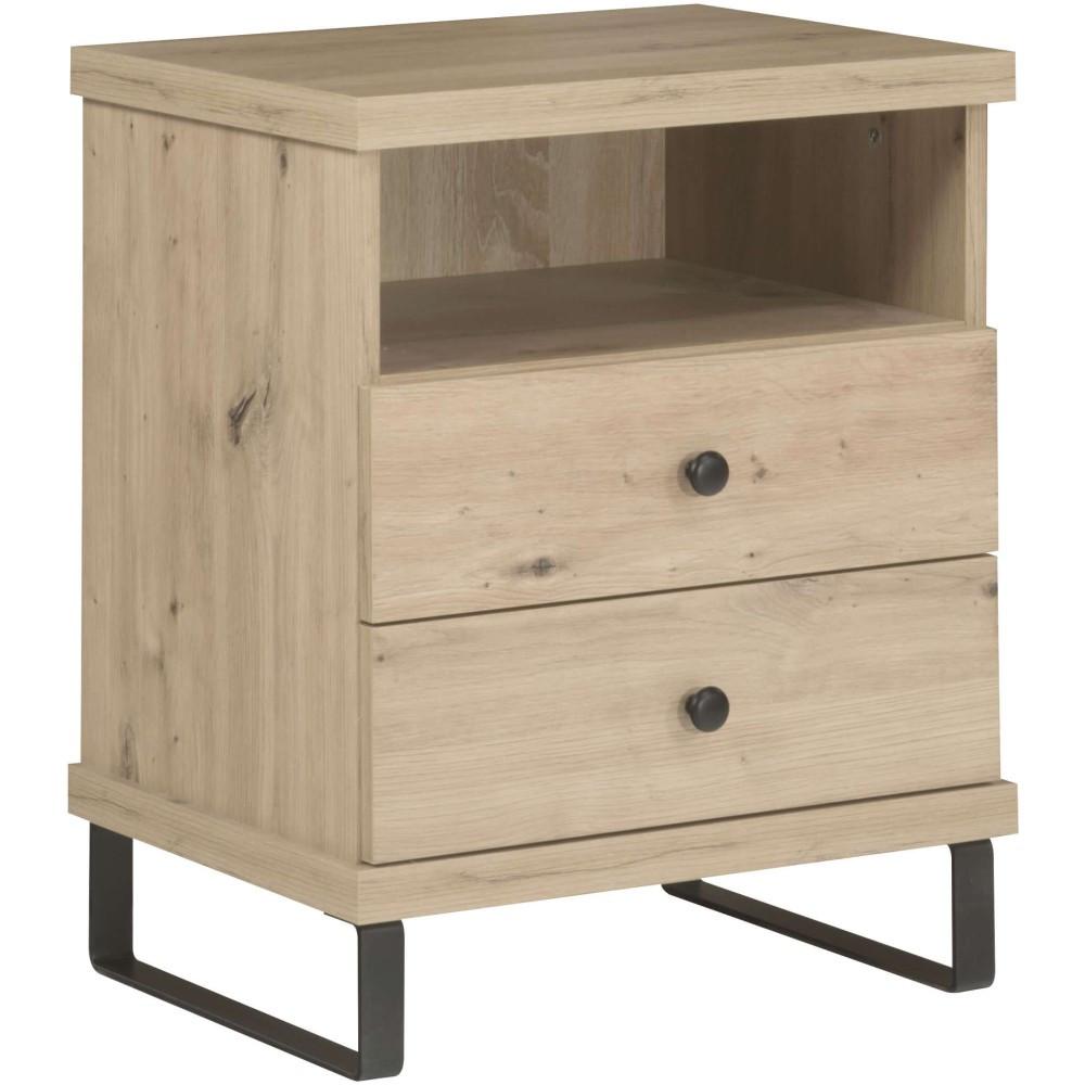 NACHTTISCH Caya mit zwei Schubladen und Metallbeinen, Eiche Artisan - Schwarz/Eiche Artisan, Holzwerkstoff/Metall (48/61/41cm) - Beautysofa