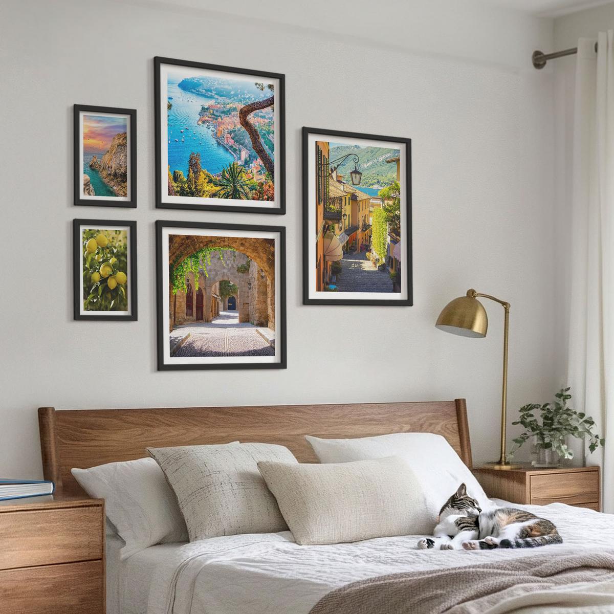BILDER SET 5er Set - 50x50 cm & 20x30 cm & 40x60 cm Schwarzer Rahmen - Bezaubernde Straßen voller Zitronenblüten - Schwarz, Kunststoff (40/60cm) - TULUP