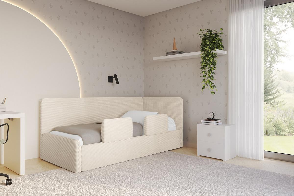 EINZELLBETT Jugendbett mit Bettkasten und Matratze H3/H4, Links - NORY 80x200 Beige - Creme, Holzwerkstoff/Textil (80/200cm) - ALTDECOR