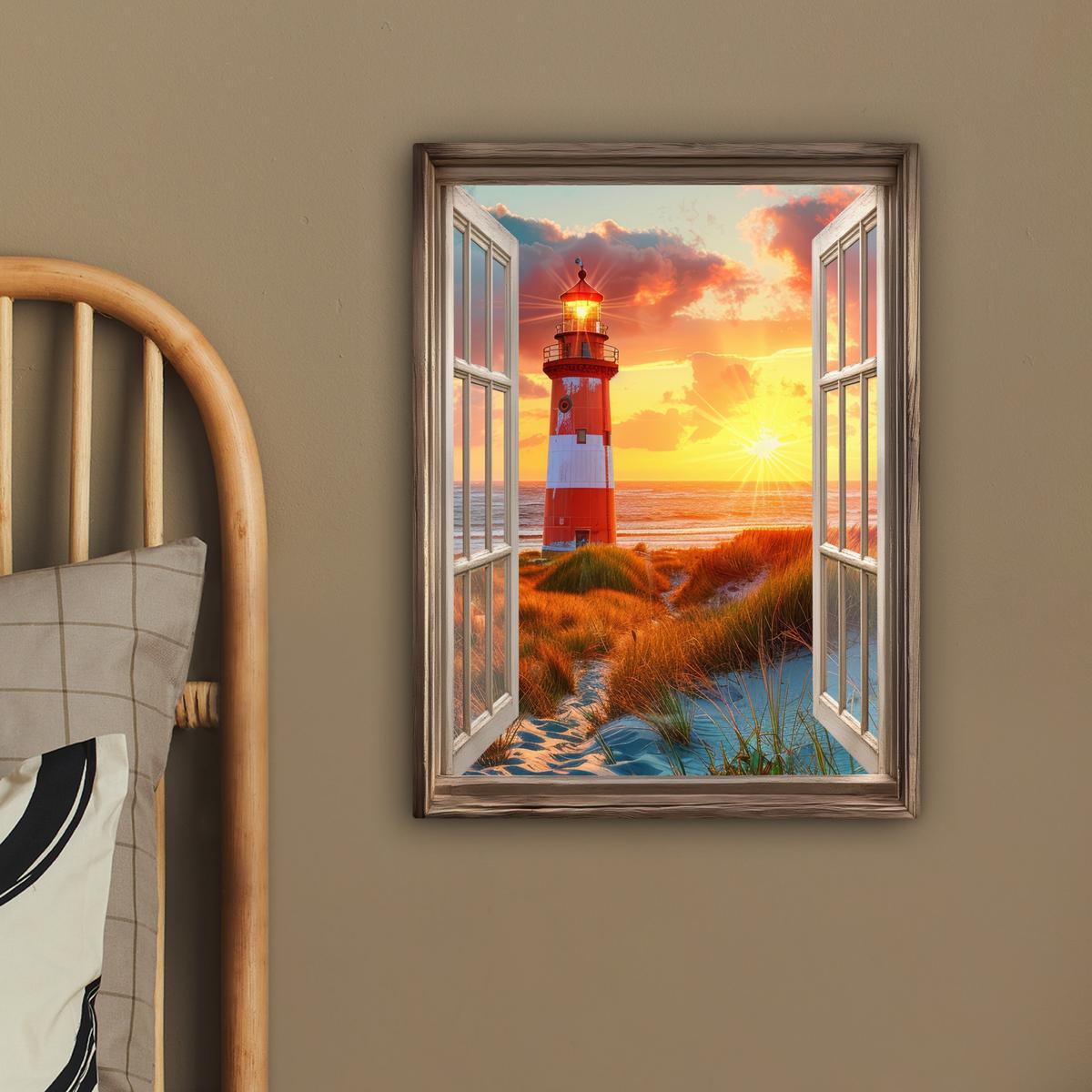 LEINWANDBILD Aussicht - Fenster - Leuchtturm - Sonnenuntergang - Strand Room Decor 30x40 cm - Dunkelorange, Textil (30/40cm) - MuchoWow