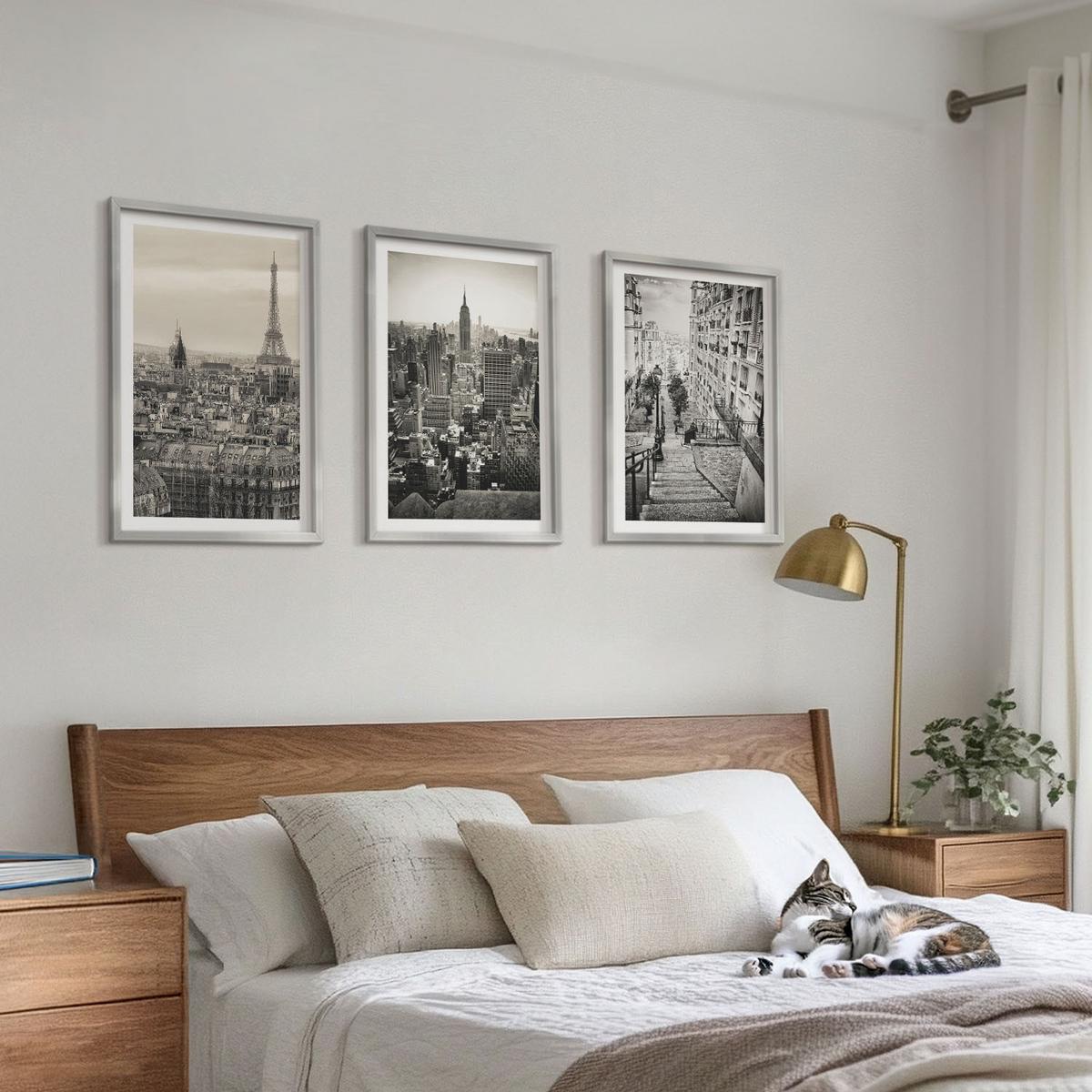 BILDER SET 3er Set - 40x60 cm Silberner Rahmen - Aussicht Paris New York Treppen - Silberfarben, Kunststoff (40/60cm) - TULUP
