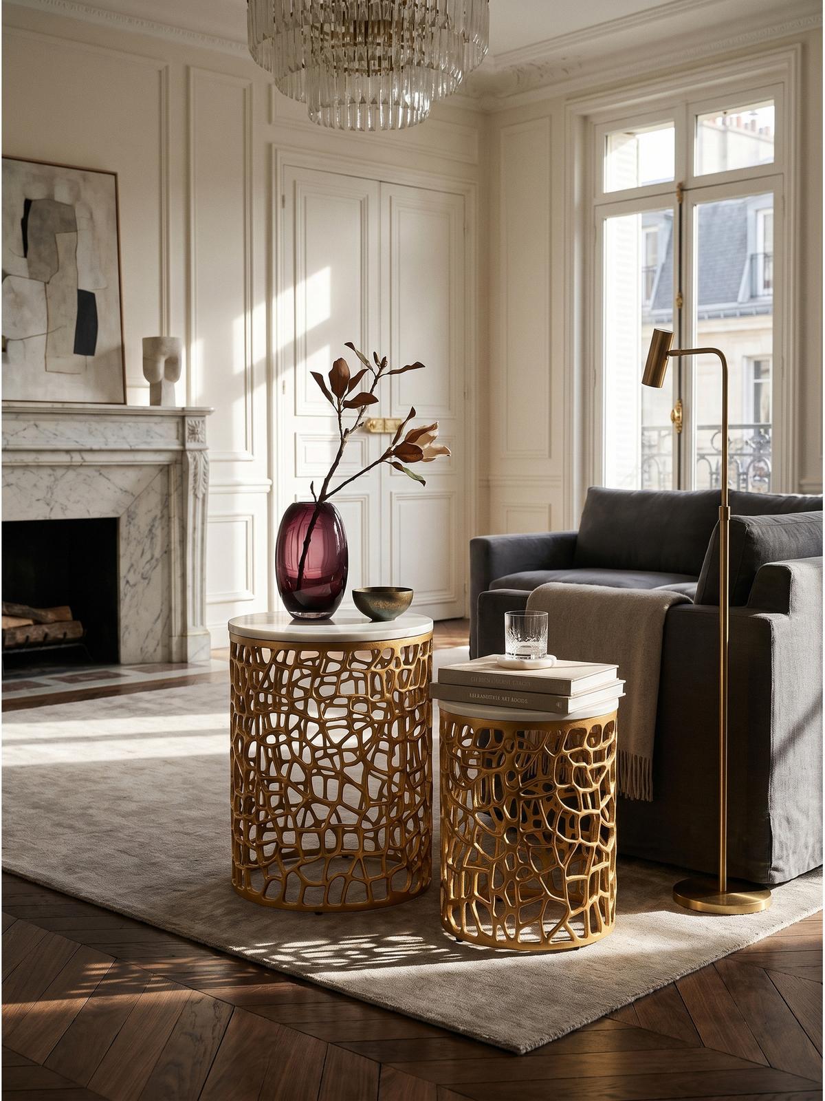 BEISTELLTISCHE 2er-Set ASTLUX, Marmor, Gold-Weiß, Ø 39 x 52,5 cm - Goldfarben, Stein/Metall (39/39/52.5cm) - KADIMA DESIGN