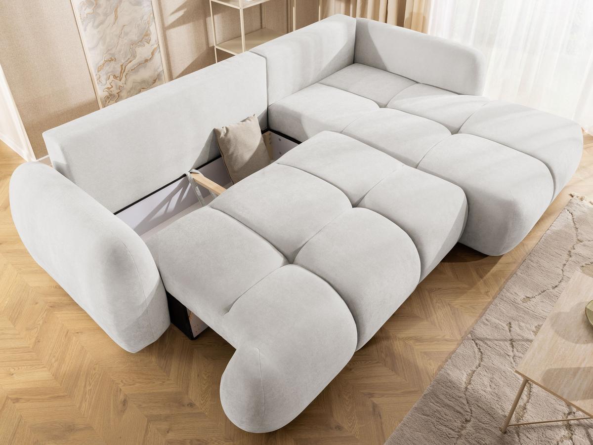 ECKSOFA Loretto aus natürlichem Creme Webstoff mit Schlaffunktion, Bettkasten und tiefen Steppungen in Bubble-Optik - Creme/Schwarz, Holz/Kunststoff (275/180cm) - S-Style