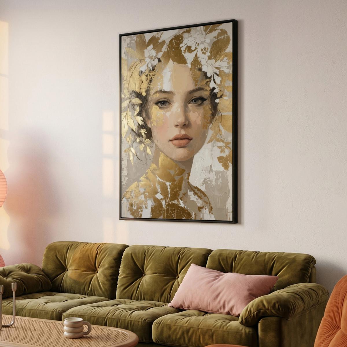 LEINWAND Bilder mit Rahmen - Gesicht - Frau - Blätter - Gold - 90x140 - Beige, Textil (90/140cm) - MuchoWow