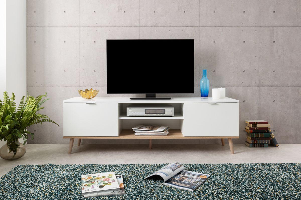 TV-LOWBOARD weiß matt, Eiche 160 cm 2-türig, skandinavisch - Chromfarben/Eichefarben, Holz/Holzwerkstoff (160/51/40cm) - Furn.Design