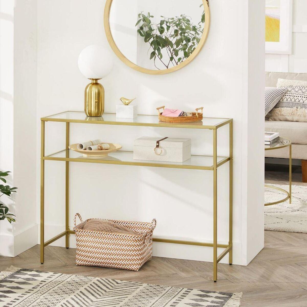 METALLKONSOLE mit 2 Regalen aus gehärtetem Glas 30/90/80 cm - Goldfarben, Metall (31/30/80cm) - Calicosy