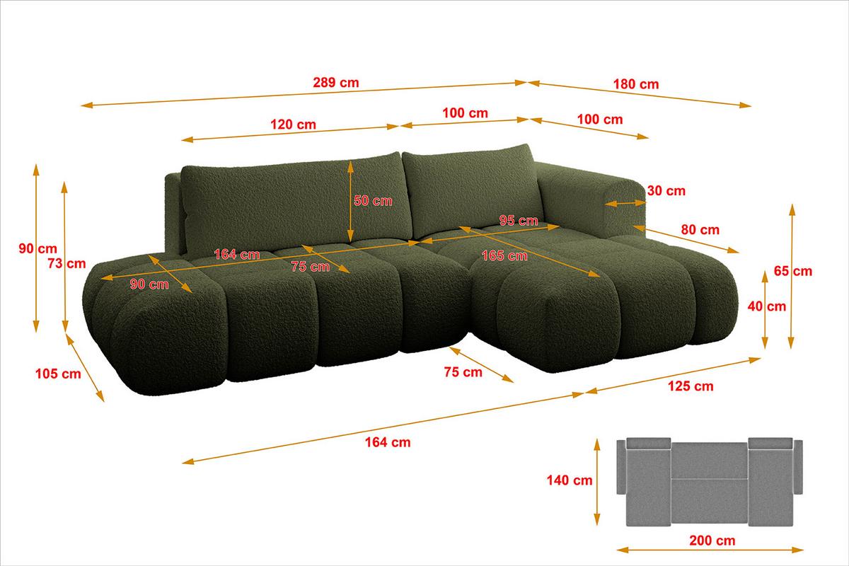 ECKSOFA Ottomane Rechts CLOUD-L 280x185x90 Grün Bouclé - Grün, Holzwerkstoff/Kunststoff (185/280cm) - ALTDECOR