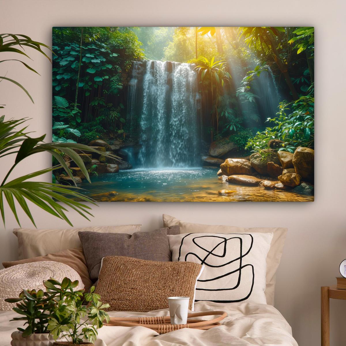 LEINWANDBILD Wasserfall - Dschungel - Sonne - Grün - Natur Groß 140x90 cm - Grün, Textil (140/90cm) - MuchoWow