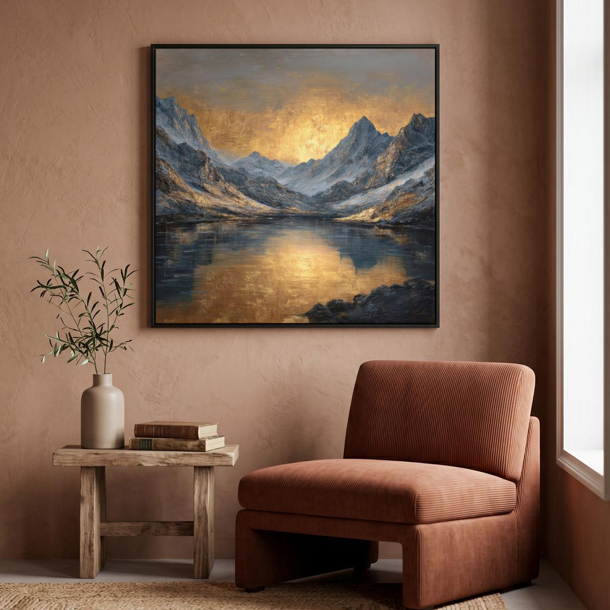 LEINWAND Bilder mit Rahmen - Bergkulisse mit goldenem Sonnenuntergang - 90x90 - Goldfarben, Textil (90/90cm) - MuchoWow