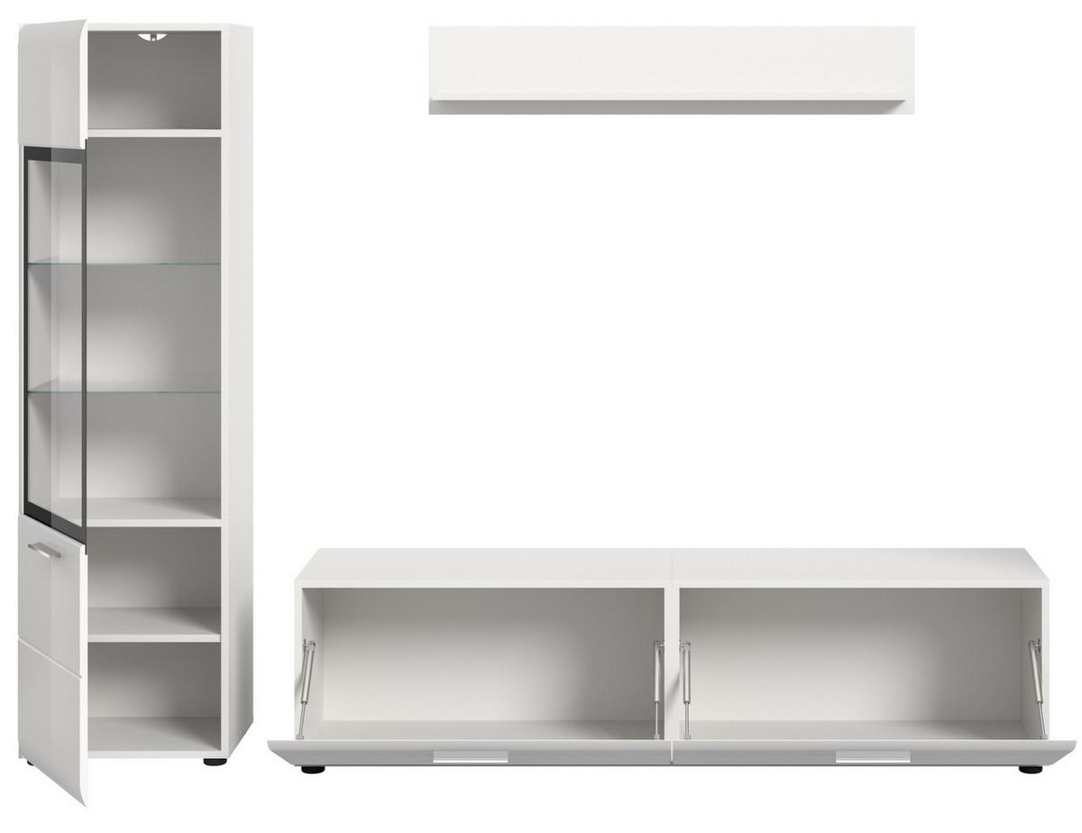 WOHNWAND weiß Hochglanz 3-teilig 220 cm, Schrankwand mit viel Stauraum - Weiß Hochglanz/Silberfarben, Glas/Holzwerkstoff (220/160/41cm) - Inn.Furn