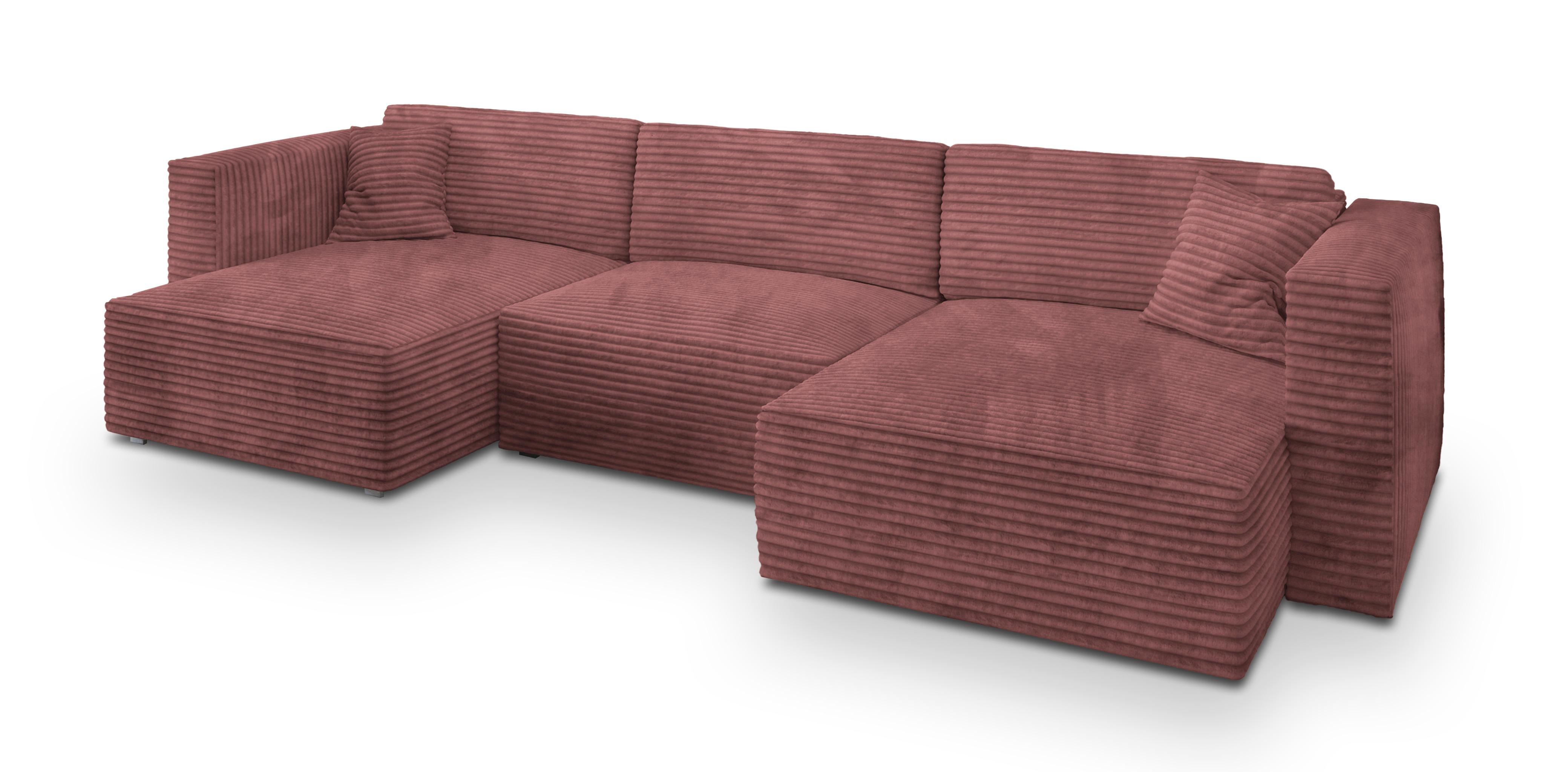 WOHNLANDSCHAFT SARMO Rosa Kordstoff mit Schlaffunktion - Rosa/Grau, Holz/Kunststoff (347/90/148cm) - MASSENO