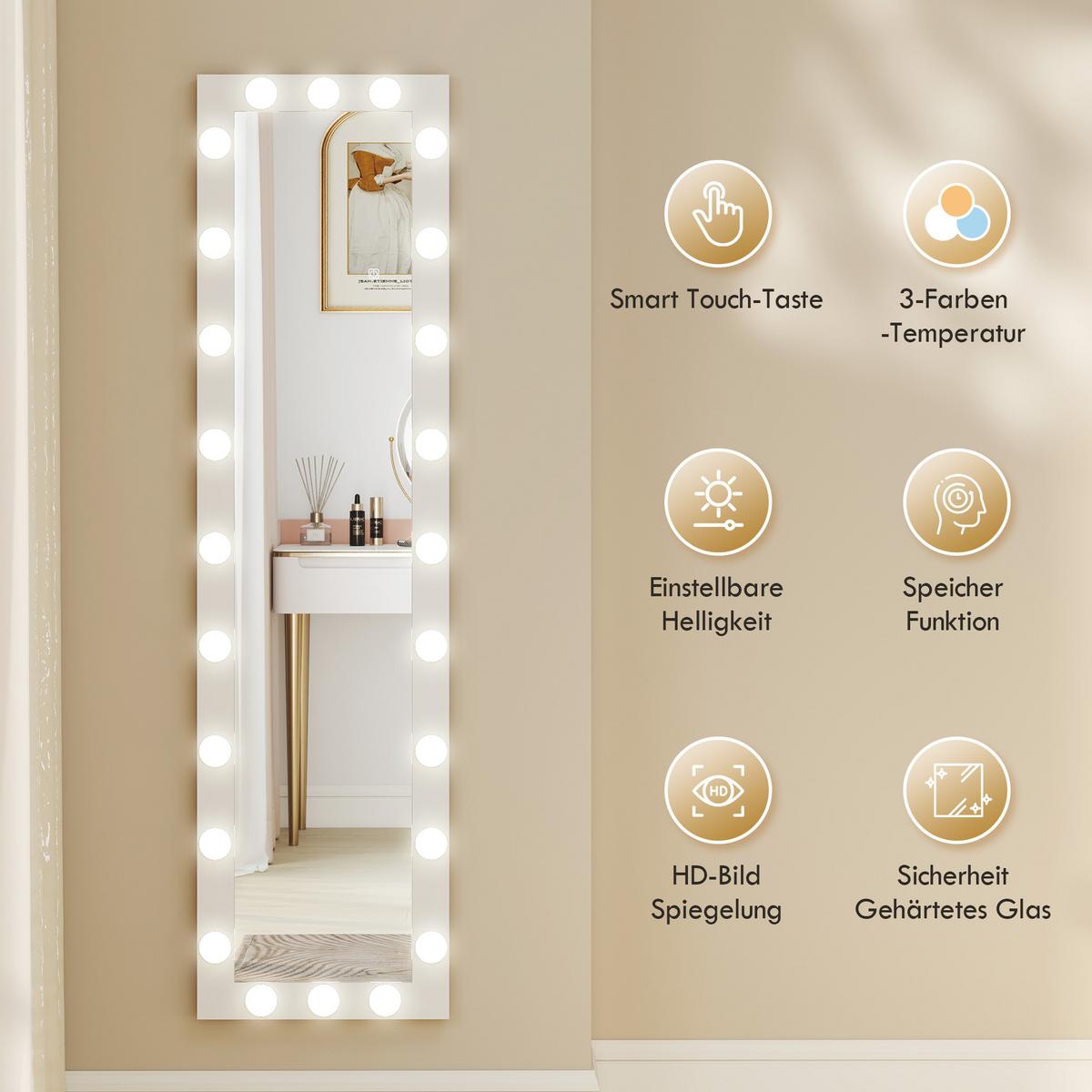 GANZKÖRPERSPIEGEL 150x40 cm LED Standspiegel mit 24 Glühbirnen 3 Lichtfarbe - Weiß, Glas/Holzwerkstoff (4/150/40cm) - HOMCOM
