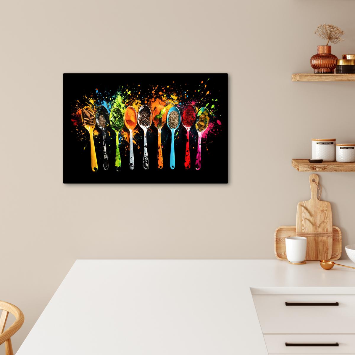 LEINWANDBILD Löffel - Gewürze - Modern - Graffiti - Farbe - Farbenfroh Gemälde 60x40 cm - Multicolor, Textil (60/40cm) - MuchoWow