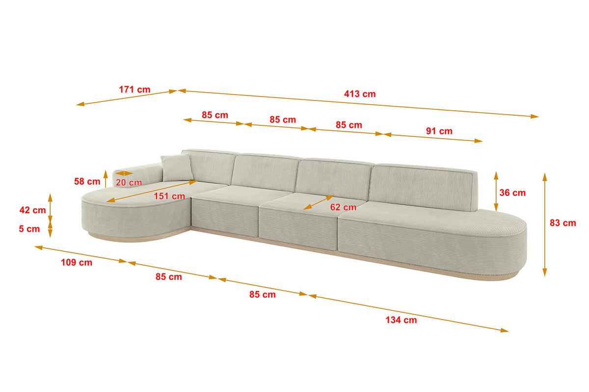 ECKSOFA Ottomane Links MARI-L3-v1 - 413x171x83 cm Creme Cord - Hellgrau/Creme, Holzwerkstoff/Textil (413/171cm) - ALTDECOR