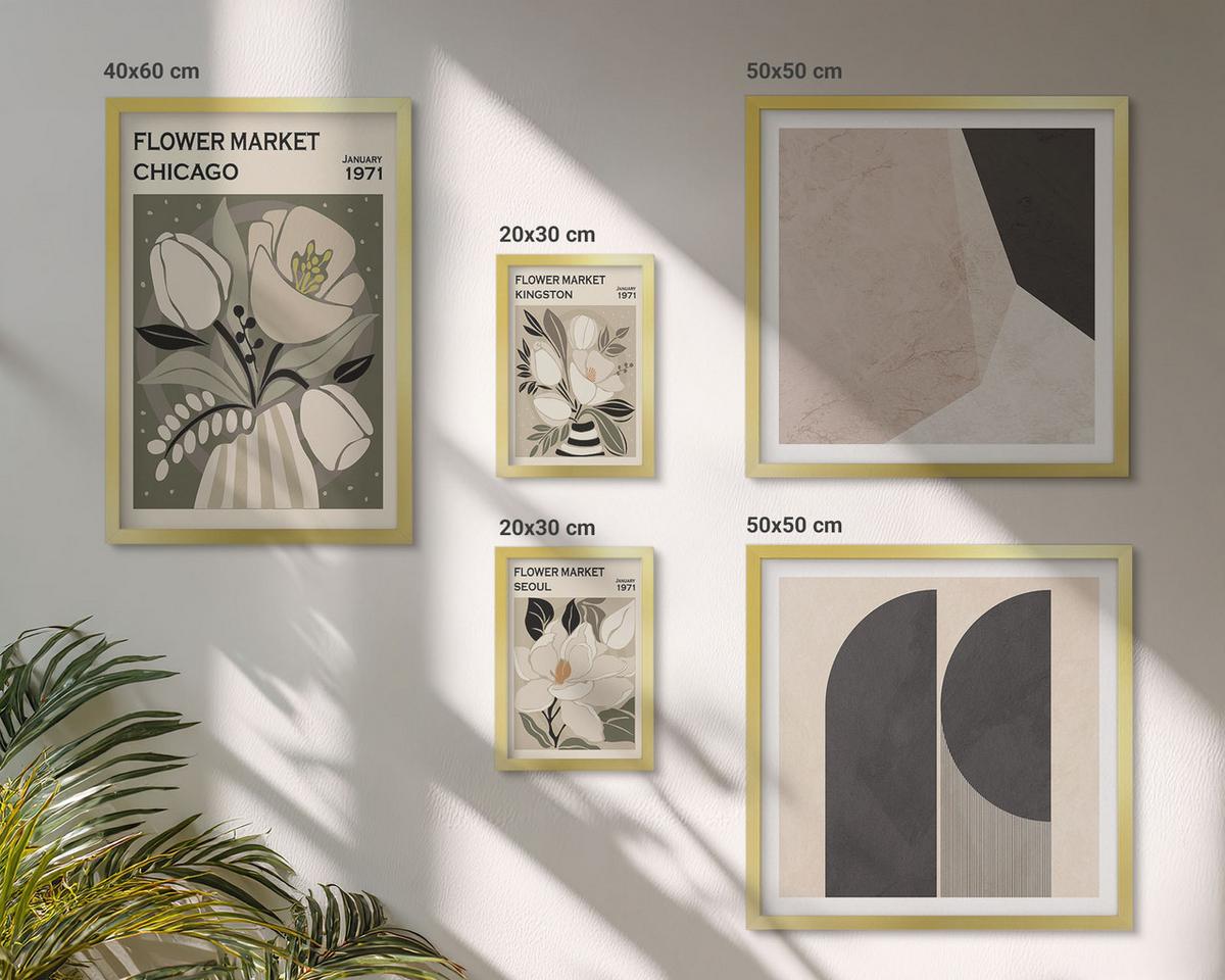 BILDER SET 5er Set - 50x50 cm & 20x30 cm & 40x60 cm Goldrahmen - Kingston Seoul Retro-Blumen - Goldfarben, Kunststoff (40/60cm) - TULUP