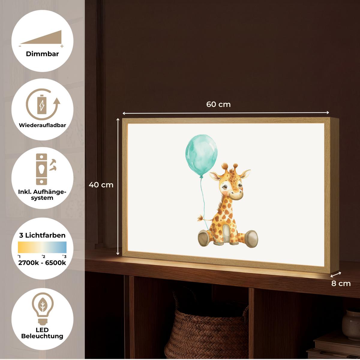 WANDLEUCHTE MIT AKKU Giraffe - Baby - Tiere - Blauer Ballon 60x40 cm - Weiß, Holzwerkstoff (60/40/8cm) - OnlyWow
