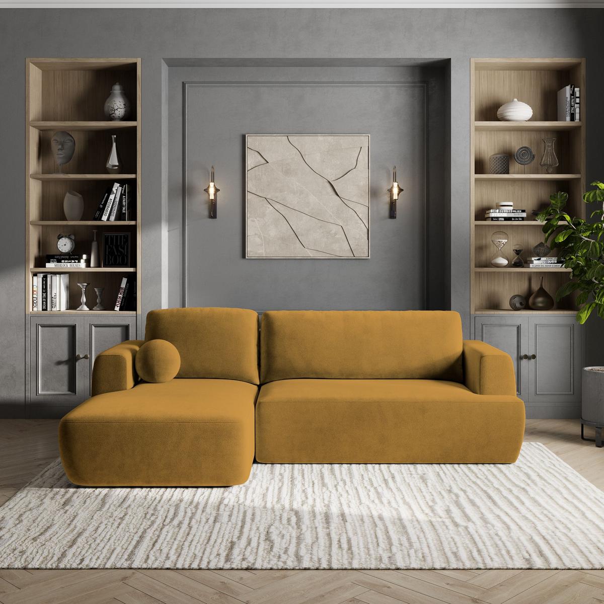 ECKSOFA SENTI K L-S Gelb Plüsch-Stoff mit Schlaffunktion - Gelb/Schwarz, Holz/Kunststoff (246/148cm) - MASSENO