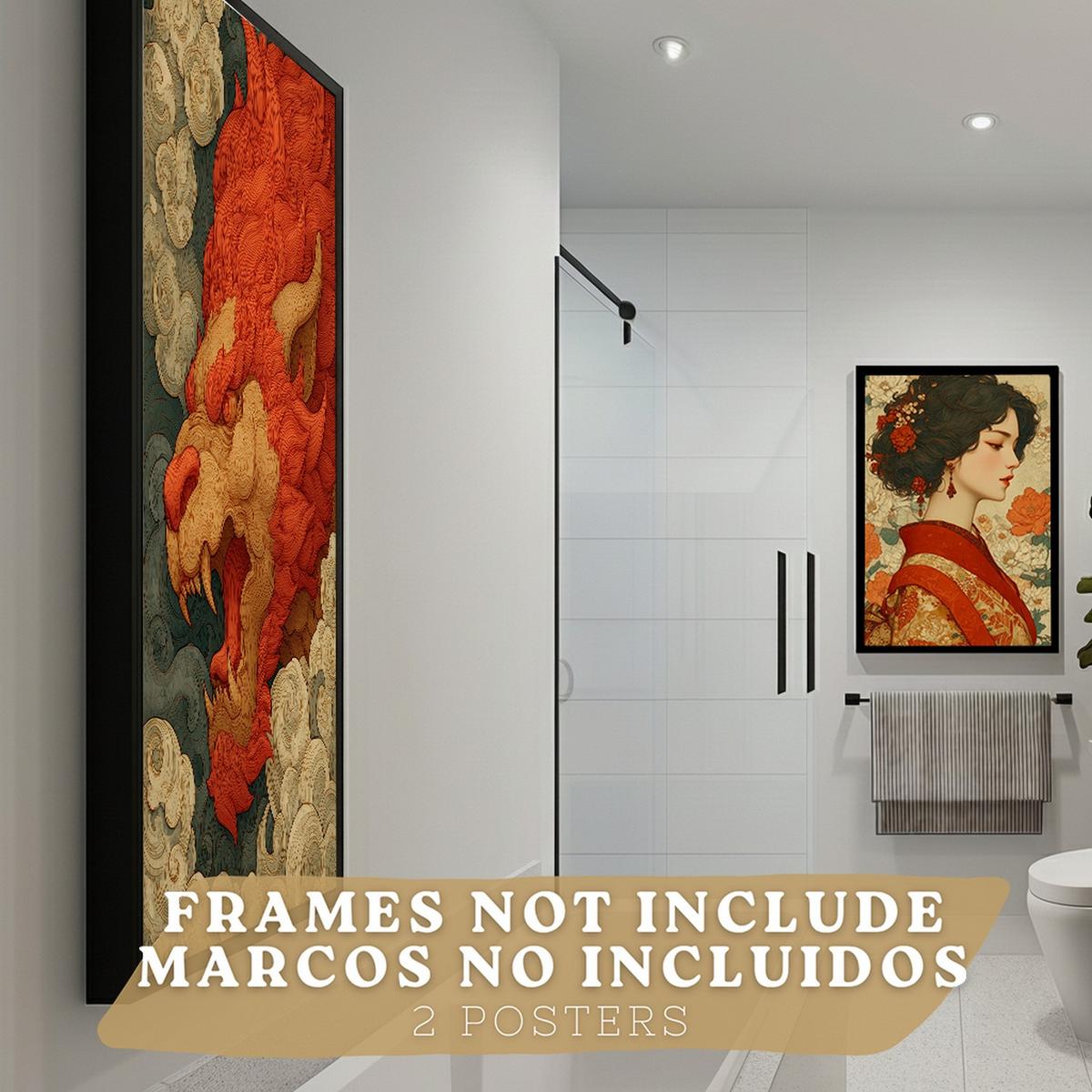 POSTER 2er-Set dekorative Badezimmer-Kunstdrucke, im japanischen Stil für Wand, Waschbecken, Toilette mit orientalischem Drachen und Frau Rahmenlos A4 - Klar, Papier (29.7/21/3cm) - Nacnic