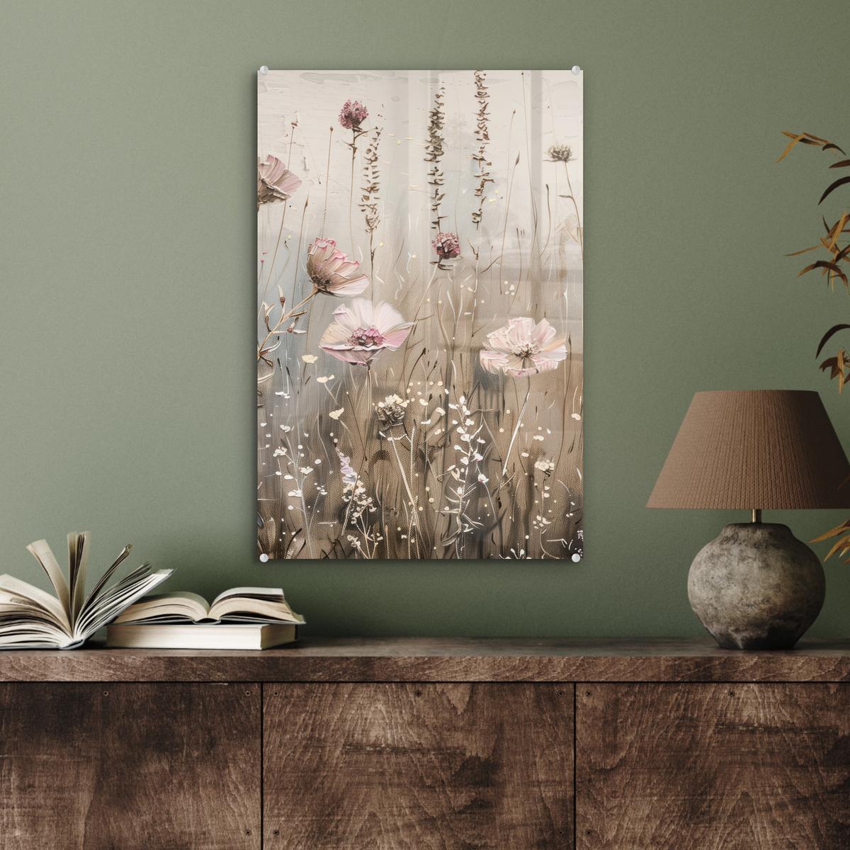 ACRYLGLASBILD Blumen - Rosa - Modern - Beige Wanddeko Wohnzimmer 40x60 cm - Beige, Glas (40/60cm) - MuchoWow