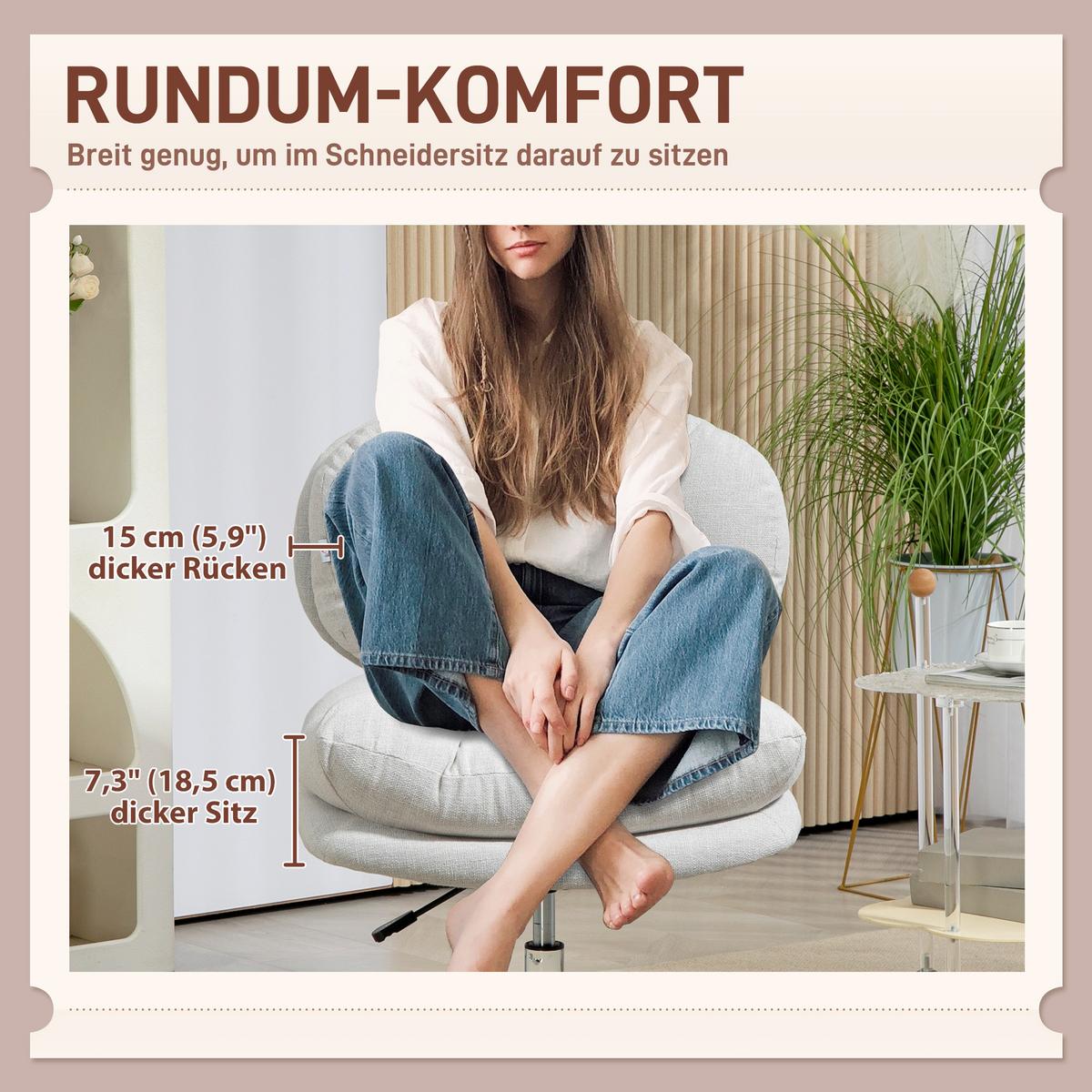 BÜROSTUHL, Gepolsterter Schneidersitz-Stuhl mit Leinenoptik, Cremeweiß - Silberfarben/Creme, Textil/Metall (65/94/65cm) - HOMCOM