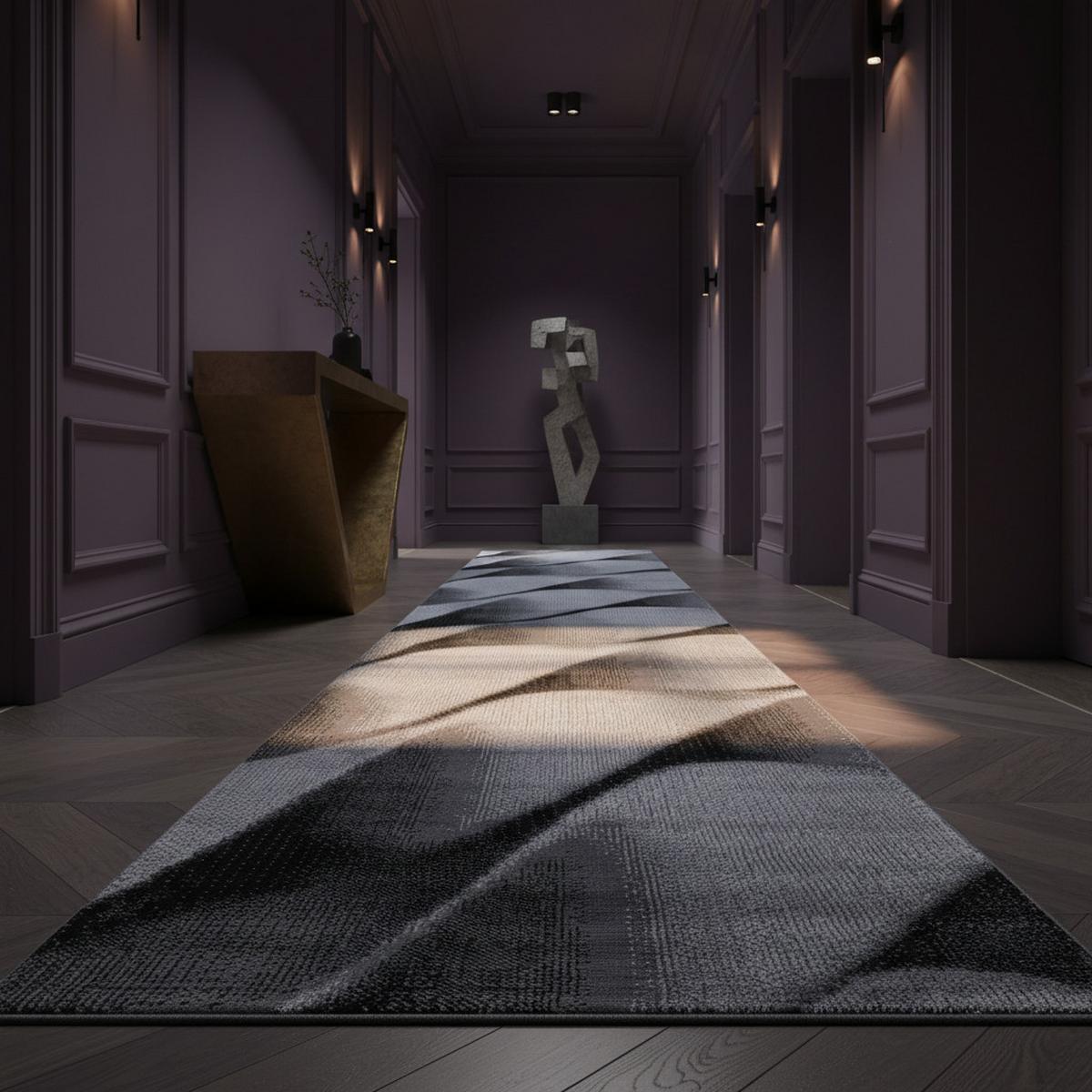 TEPPICH Kurzflor DRAU in Schwarz, mit abstraktem Wellenmuster, aus Polypropylen, 80 x 300 cm - Schwarz, Textil (80/300cm) - KADIMA DESIGN