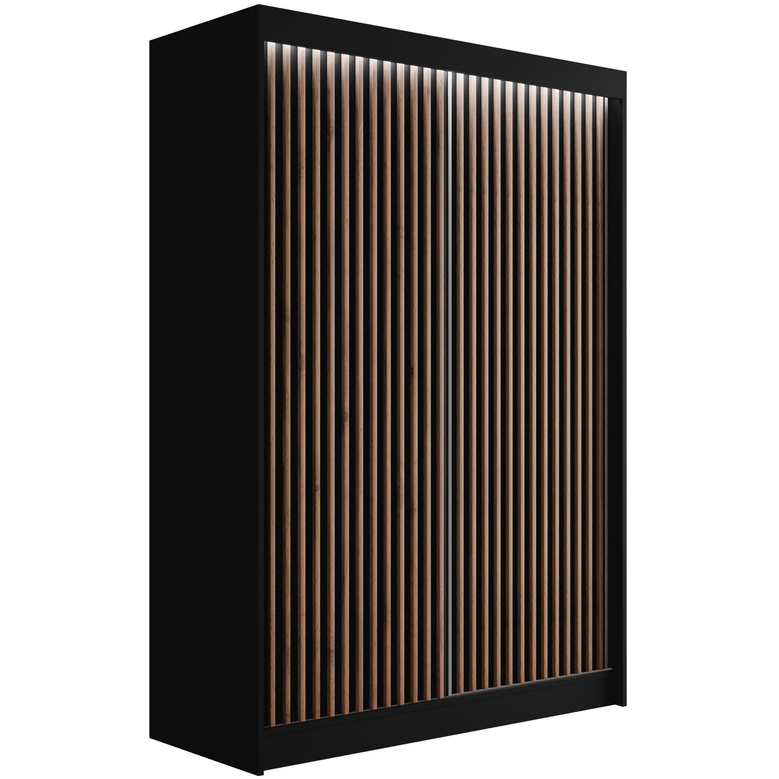 KLEIDERSCHRANK mit LED, Lamel-Schiebetüren VILANv2 - 120 cm Schwarz + Lamelle Eiche Wotan - Eiche Wotan/Schwarz, Holzwerkstoff (120/215/61cm) - ALTDECOR