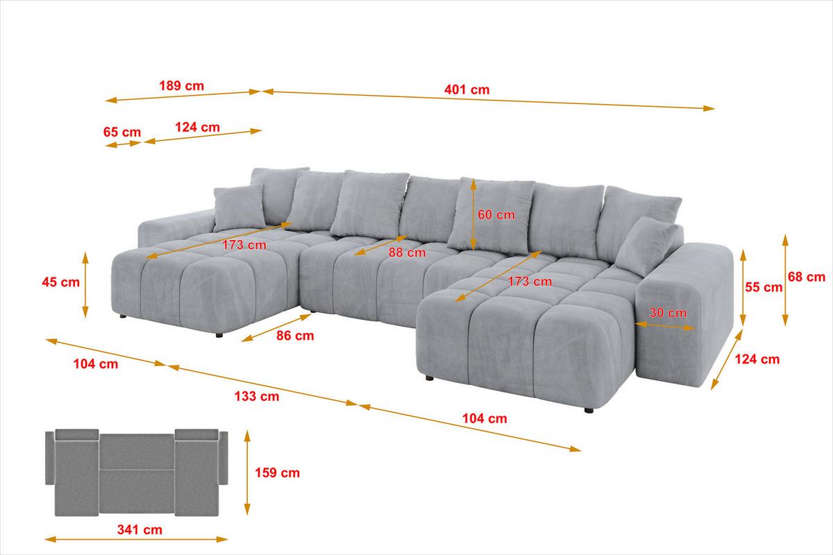 WOHNLANDSCHAFT ENIL-U 401x189x68 Hellgrau Velours - Hellgrau, Holzwerkstoff/Kunststoff (401/68/189cm) - ALTDECOR