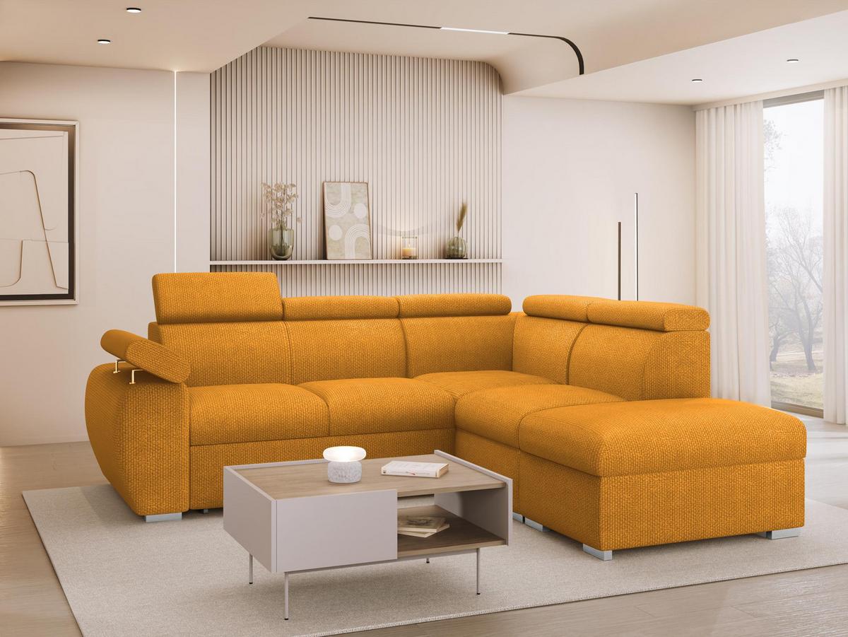 ECKSOFA Boston 2RR1P, Seite: Rechts 2R+R+1P(65)+PUFAP - Currygelb/Silberfarben, Holz/Textil (260/230cm) - MIRJAN24