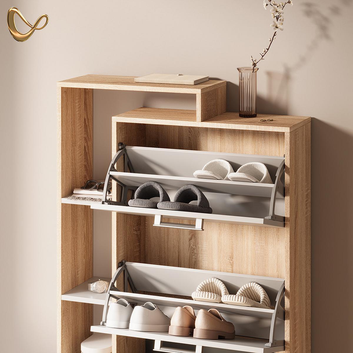SCHUHKIPPER Ortello Weiß/Sonoma 80 x 128.3 cm mit 3 Fächern - Weiß/Sonoma Eiche, Holzwerkstoff (80/128.3/24.2cm) - Livinity®