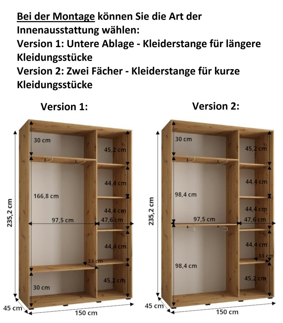 SCHWEBETÜRENSCHRANK 235,2/150/45 3-türig - Kaschmir/Schwarz, Holz/Metall (150/235.2/45cm) - MÖBEL KRYSPOL