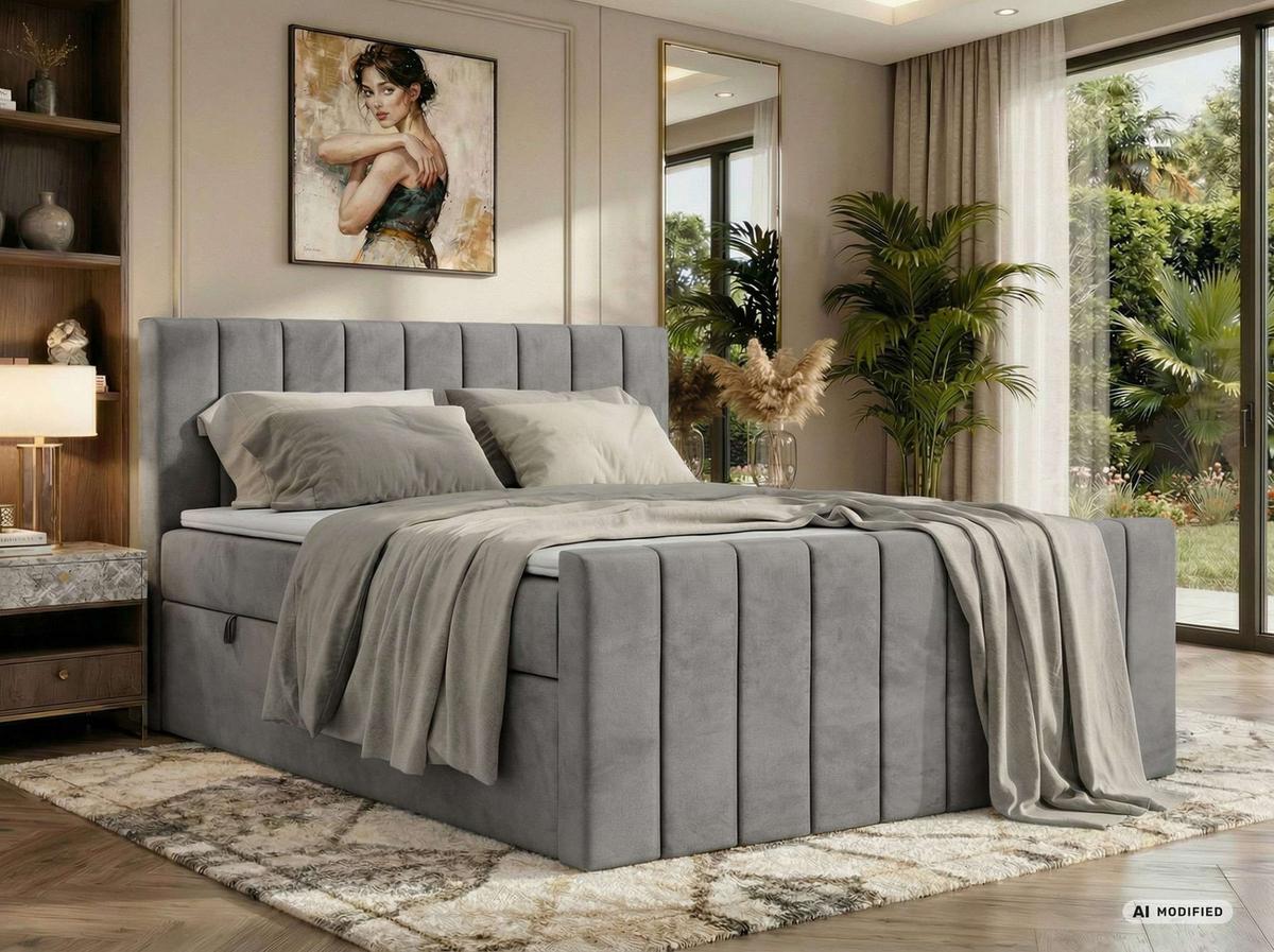 BOXBETT ALVER DUO 180/200 - Hellgrau Velvet - Topper T25 - H3 - Hellgrau/Schwarz, Kunststoff/Textil (180/200cm) - MKS